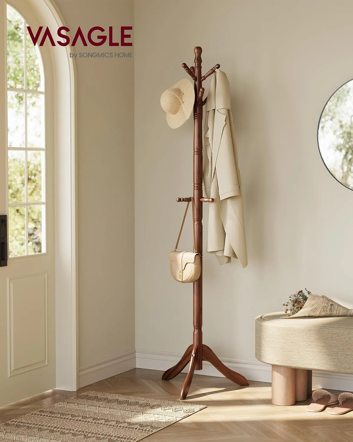 VASAGLE Solid Wood Coat Rack and Stand, Free Standing Hall Coat Tree with 10 Hooks for Hats, Bags, Purses, for Entryway, Hallway, Rubberwood, Dark Walnut URCR03WN