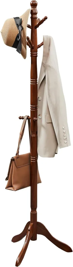 VASAGLE Solid Wood Coat Rack and Stand, Free Standing Hall Coat Tree with 10 Hooks for Hats, Bags, Purses, for Entryway, Hallway, Rubberwood, Dark Walnut URCR03WN