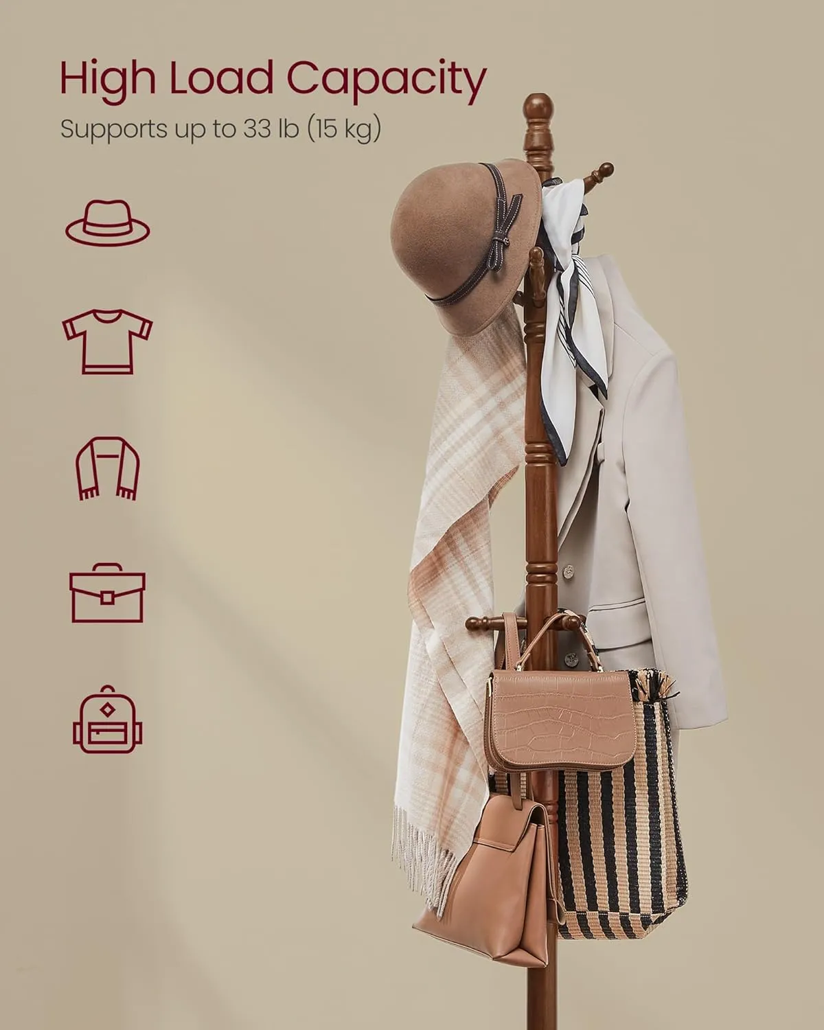 VASAGLE Solid Wood Coat Rack and Stand, Free Standing Hall Coat Tree with 10 Hooks for Hats, Bags, Purses, for Entryway, Hallway, Rubberwood, Dark Walnut URCR03WN