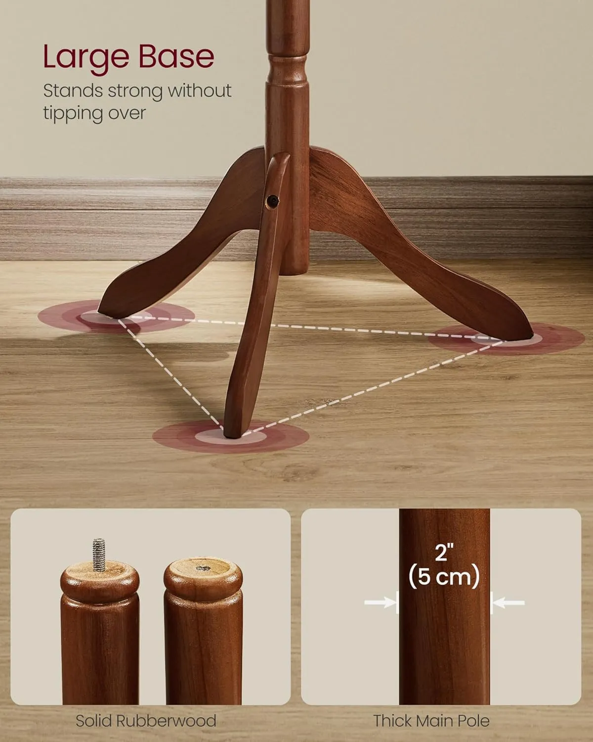 VASAGLE Solid Wood Coat Rack and Stand, Free Standing Hall Coat Tree with 10 Hooks for Hats, Bags, Purses, for Entryway, Hallway, Rubberwood, Dark Walnut URCR03WN