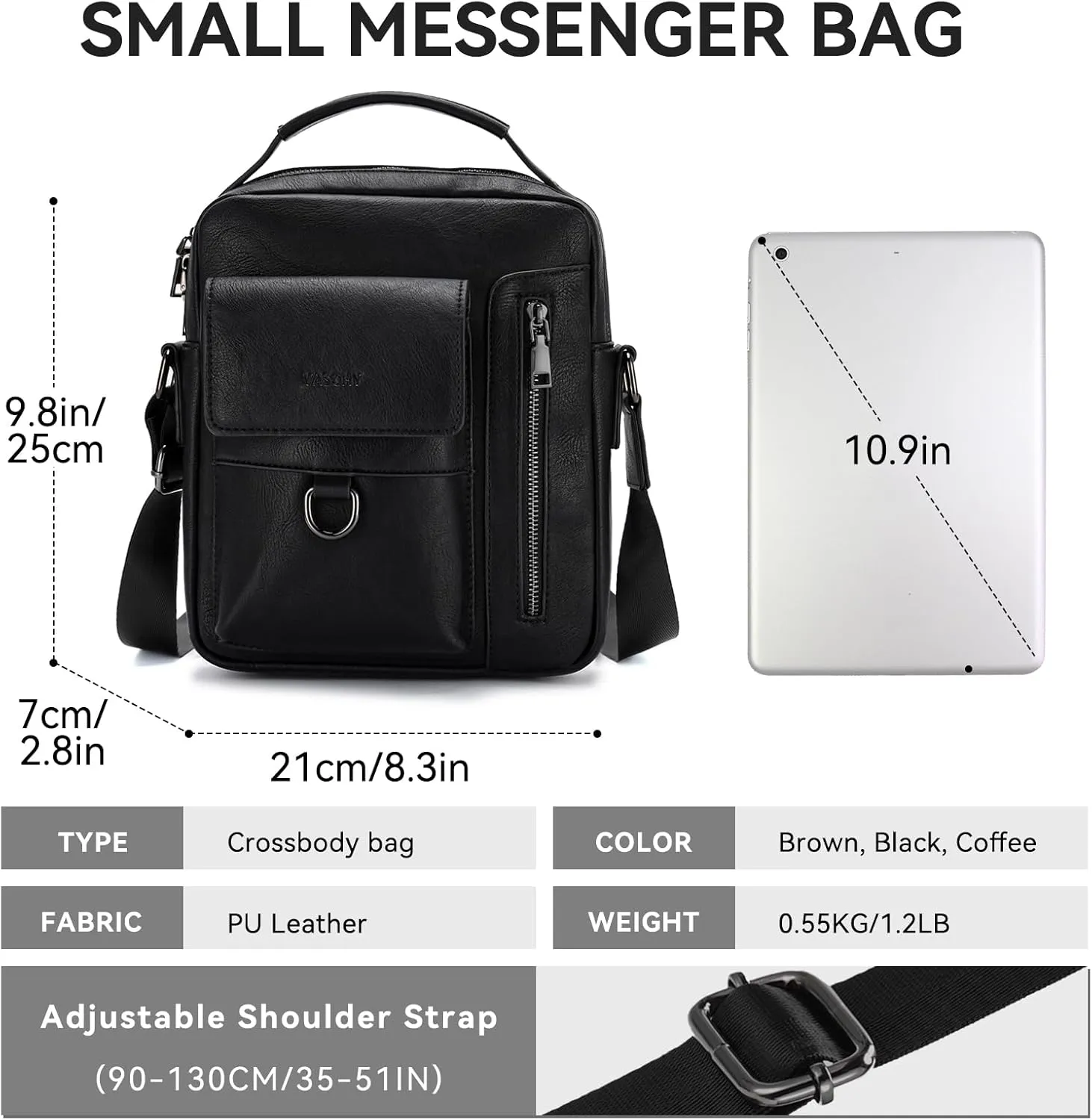 VASCHY Leather Messenger Bag For Men, Medium Satchel Crossbody Handbag Shoulder Sling Travel Side Bags Purse for Men