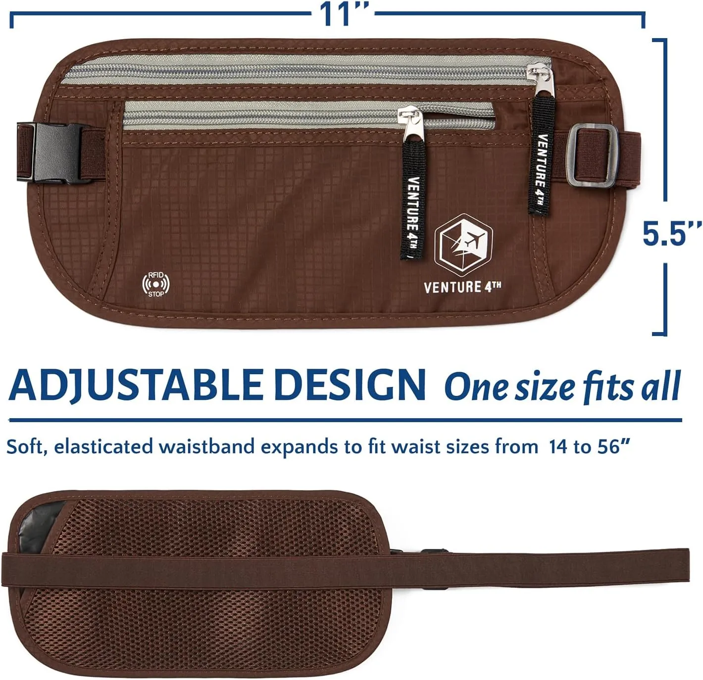 VENTURE 4TH RFID Blocker Money Belt for Men and Women (Brown)