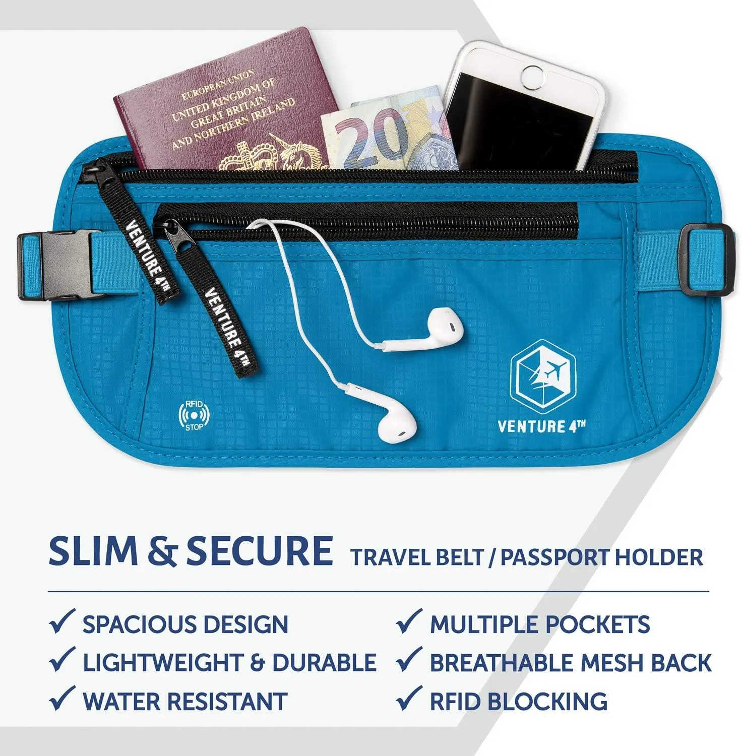 VENTURE 4TH RFID Money Belt for Boys and Girls - Hidden Passport Holder (Blue)