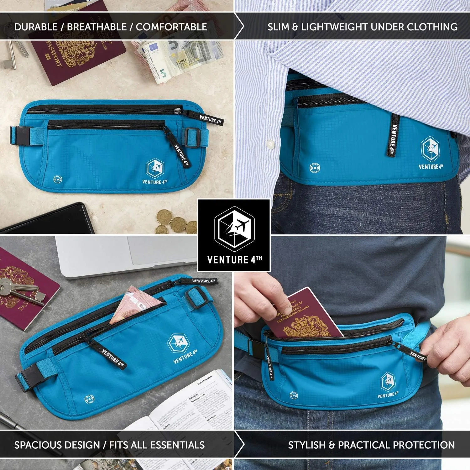 VENTURE 4TH RFID Money Belt for Boys and Girls - Hidden Passport Holder (Blue)