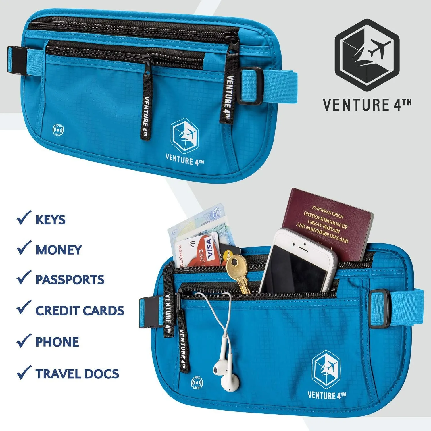 VENTURE 4TH RFID Money Belt for Boys and Girls - Hidden Passport Holder (Blue)