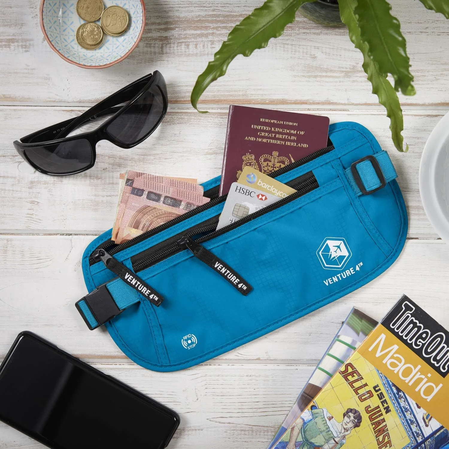 VENTURE 4TH RFID Money Belt for Boys and Girls - Hidden Passport Holder (Blue)