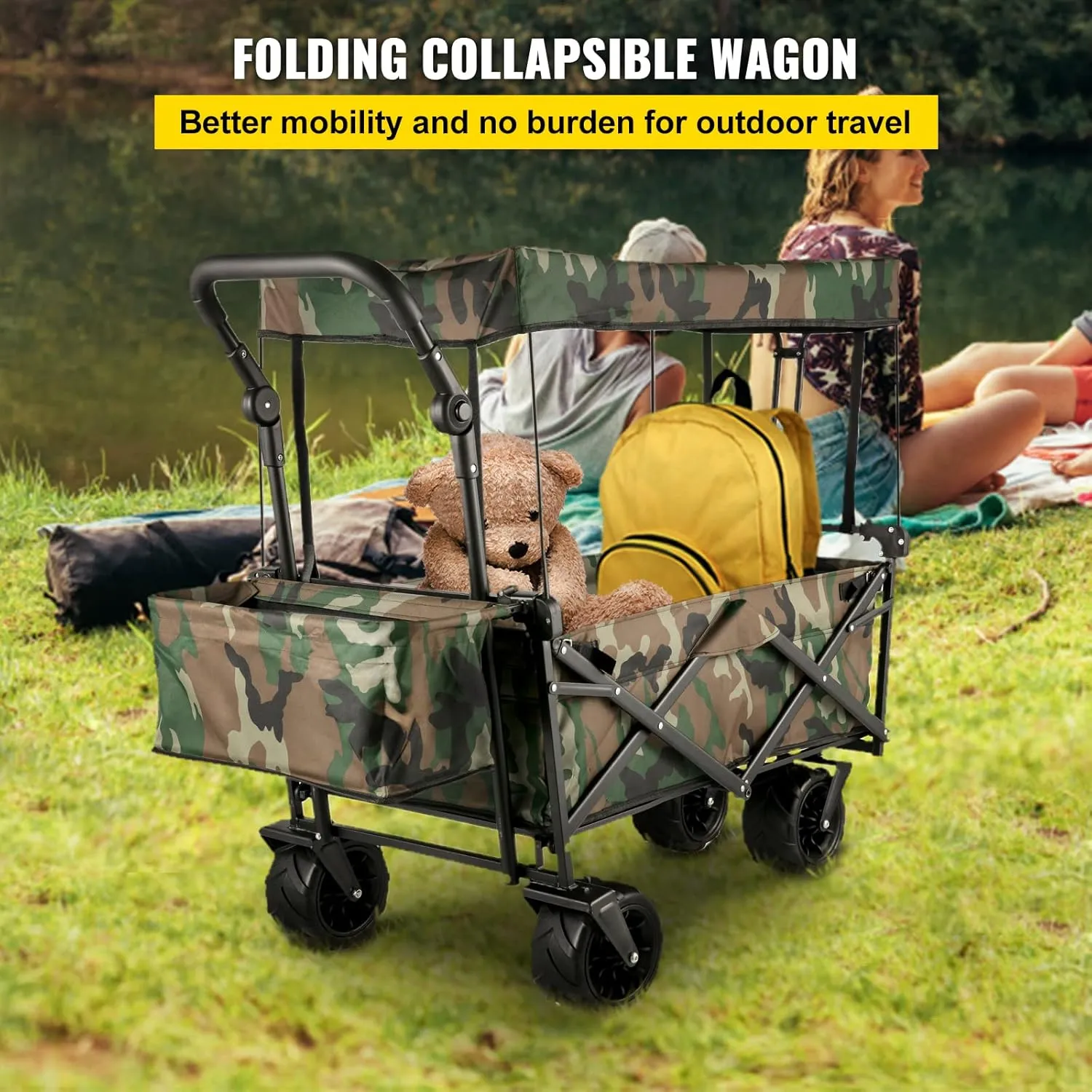 VEVOR Collapsible Wagon with Canopy, 220lbs Foldable Wagon, Beach Wagon Cart with Big Wheels and Canopy with Adjustable Push Pulling Handles