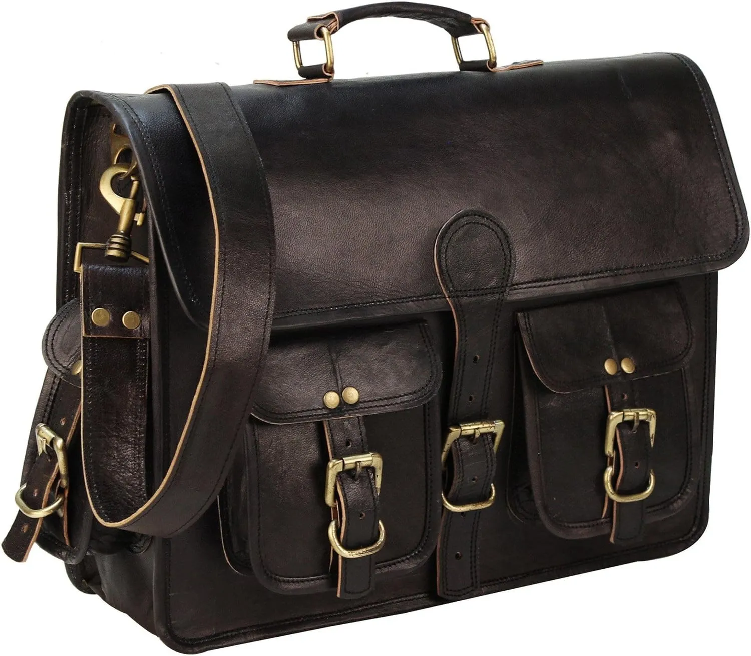 Vintage Goat Leather Messenger Bag, Black