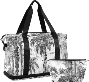 Vintage Retro Seamless Hand Drawn Sketch Black Tropical Palm Trees Gym Duffel Bag, Polyester Travel Weekender Luggage Handbag with Waterproof Pocket for Wet Items, Unisex Foldable Tote for Sports