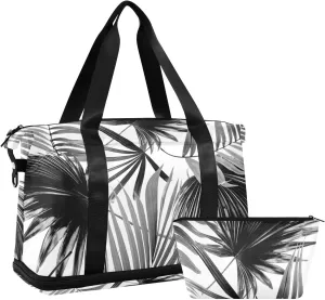 Vintage Seamless Black Tropical Palm Leaves on White Background Gym Duffel Bag, Polyester Travel Weekender Luggage Handbag with Waterproof Pocket for Wet Items, Unisex Foldable Tote for Sports