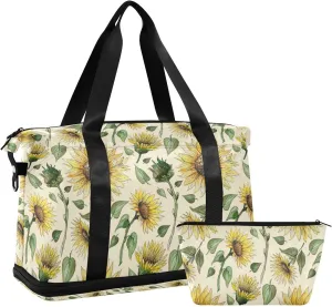 Vintage Seamless Sunflowers Buds Leaves Stems Green Leaves Gym Duffel Bag, Polyester Travel Weekender Luggage Handbag with Waterproof Pocket for Wet Items, Unisex Foldable Tote for Sports