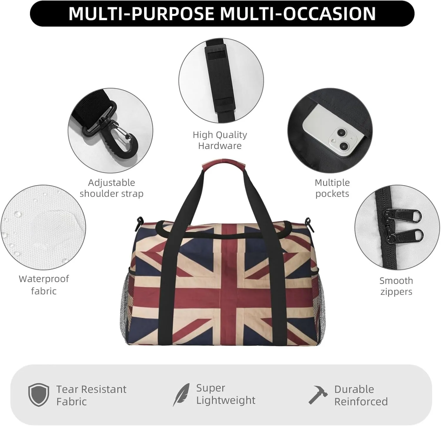 Vintage Union Jack Flag Travel Duffel Bag Large Foldable Waterproof Overnight Bag For Beach Swim Bags Pool Sports Gym