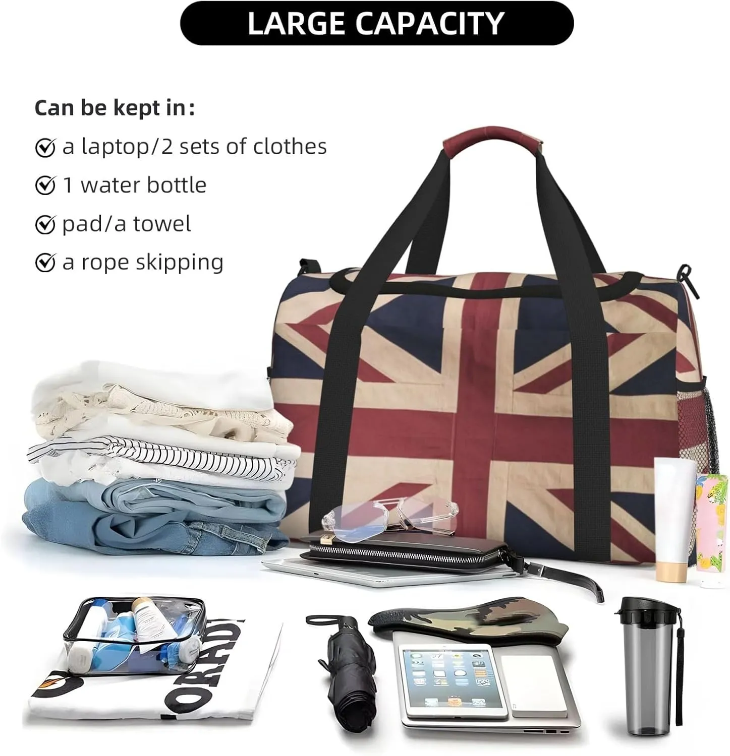 Vintage Union Jack Flag Travel Duffel Bag Large Foldable Waterproof Overnight Bag For Beach Swim Bags Pool Sports Gym