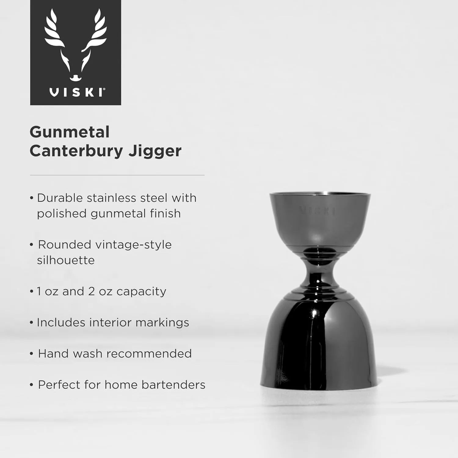 Viski Canterbury Double Measure for Cocktails, Bar Tools and Accessories Stainless Steel Bartender Tool Measuring Shot Gunmetal Black Set of 1