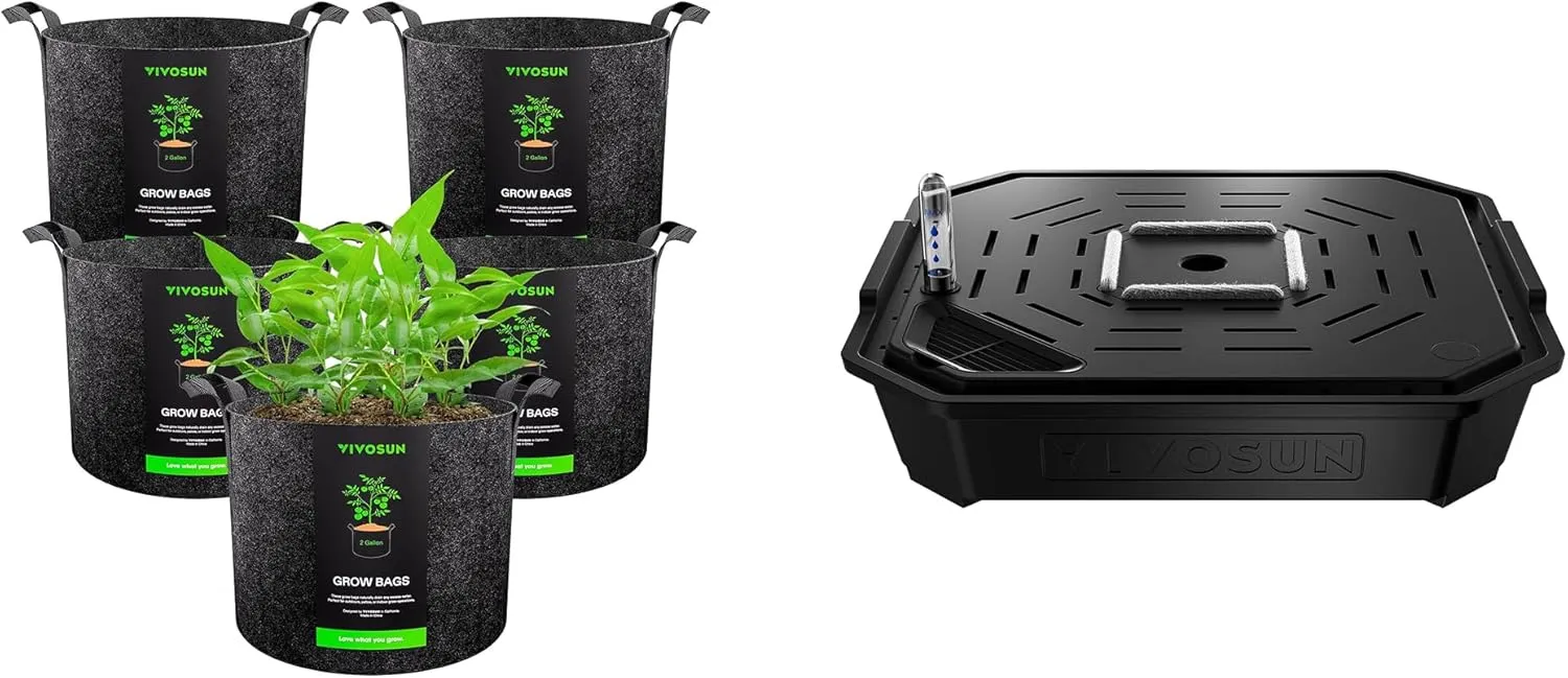 VIVOSUN 5-Pack 2 Gallon Grow Bags and 4-Pack FlexFeed Self-Watering Irrigation Pot, Auto-Irrigation Fabric Pot Base with Water Meter & Maintenance Window