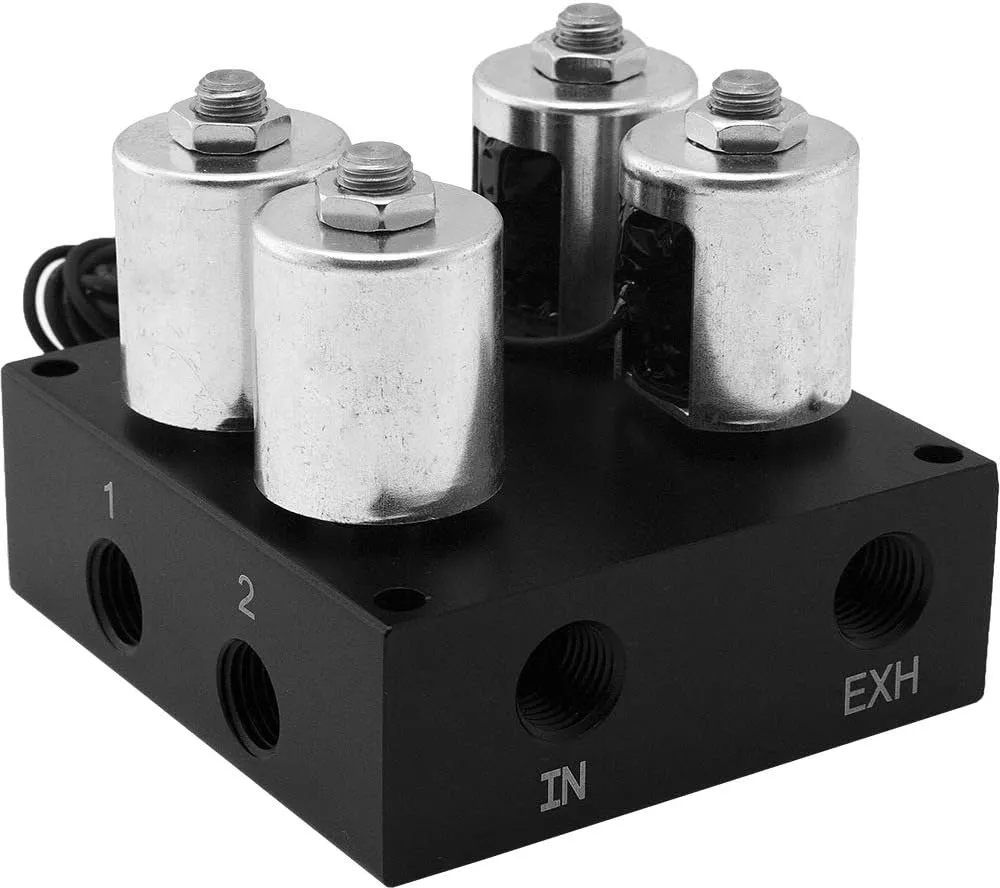 Vixen Air Suspension Valve Manifold 1/4" NPT Kit with 4 Air Ride Solenoid Valves. Inflates and deflates up to 2 Air Bags, Springs VXF2UM14C