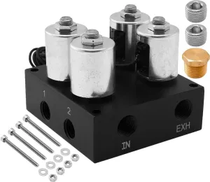 Vixen Air Suspension Valve Manifold 1/4" NPT Kit with 4 Air Ride Solenoid Valves. Inflates and deflates up to 2 Air Bags, Springs VXF2UM14C