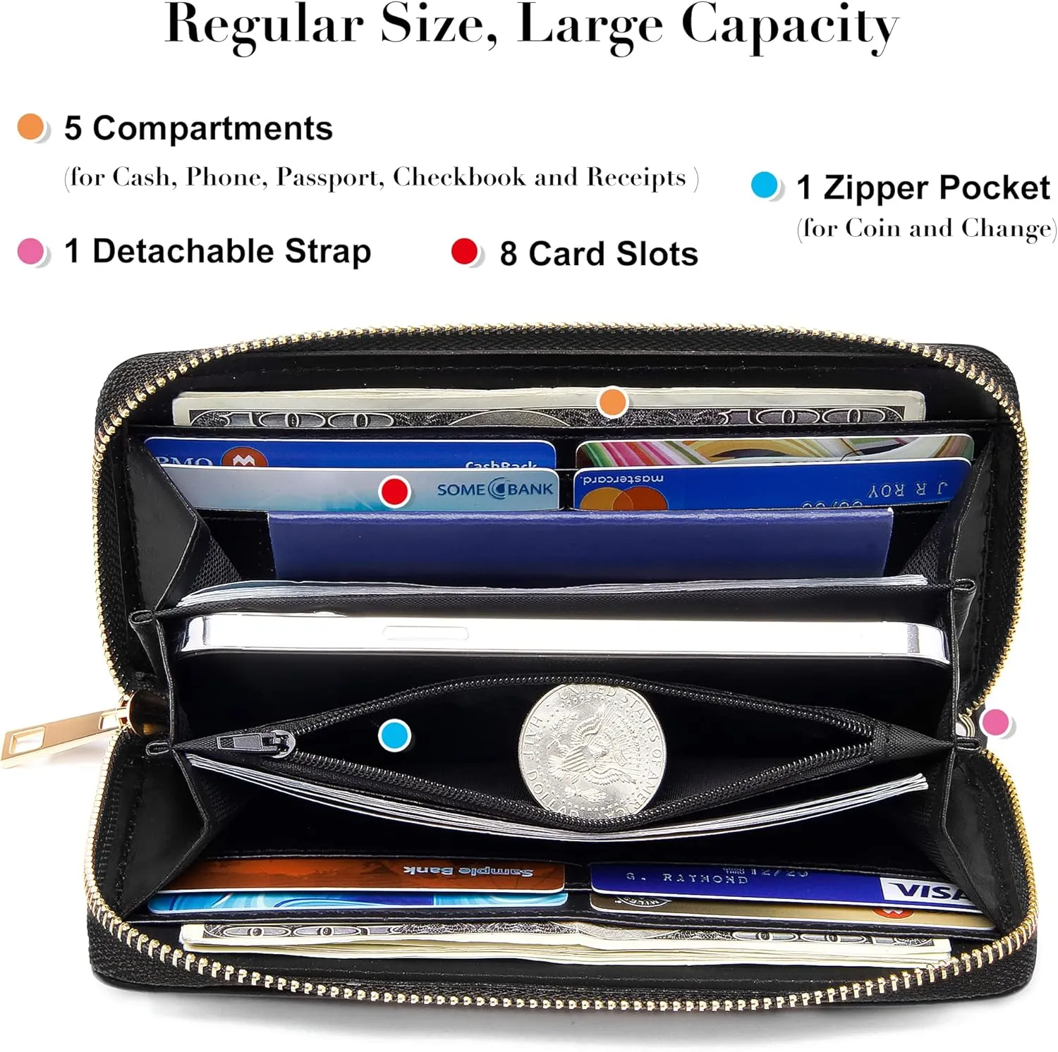 VOCUS Womens Wristlet Wallet Zip Around Clutch Wallet Large RFID Blocking PU Leather Bifold with Phone Holder for Travel