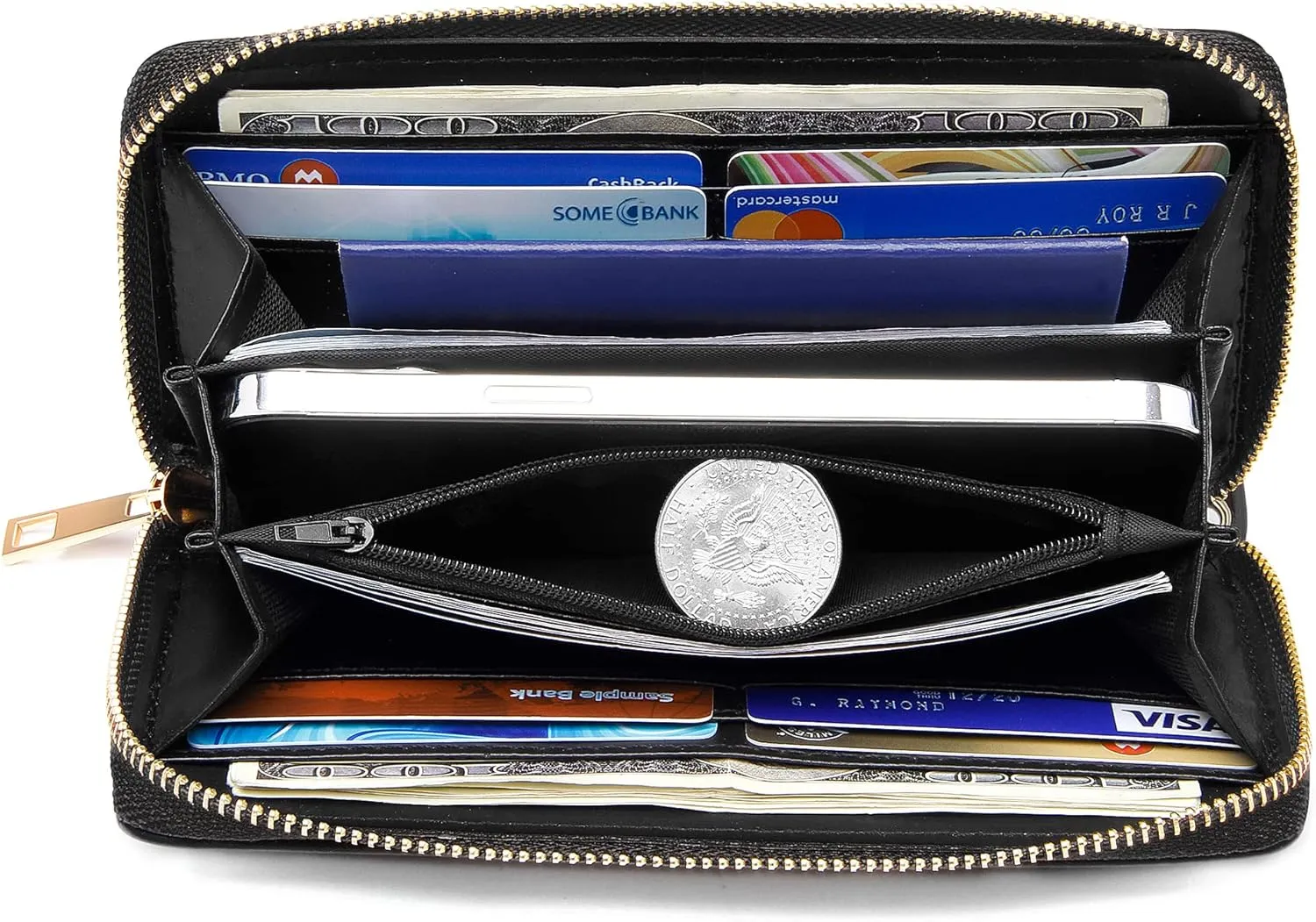 VOCUS Womens Wristlet Wallet Zip Around Clutch Wallet Large RFID Blocking PU Leather Bifold with Phone Holder for Travel