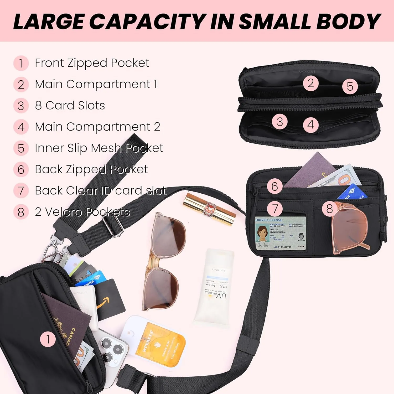 VONAL Wristlet Wallets for Women, RFID Wristlet Purse Built in Wallet, Small Nylon Crossbody Bags, Credit Card Holder