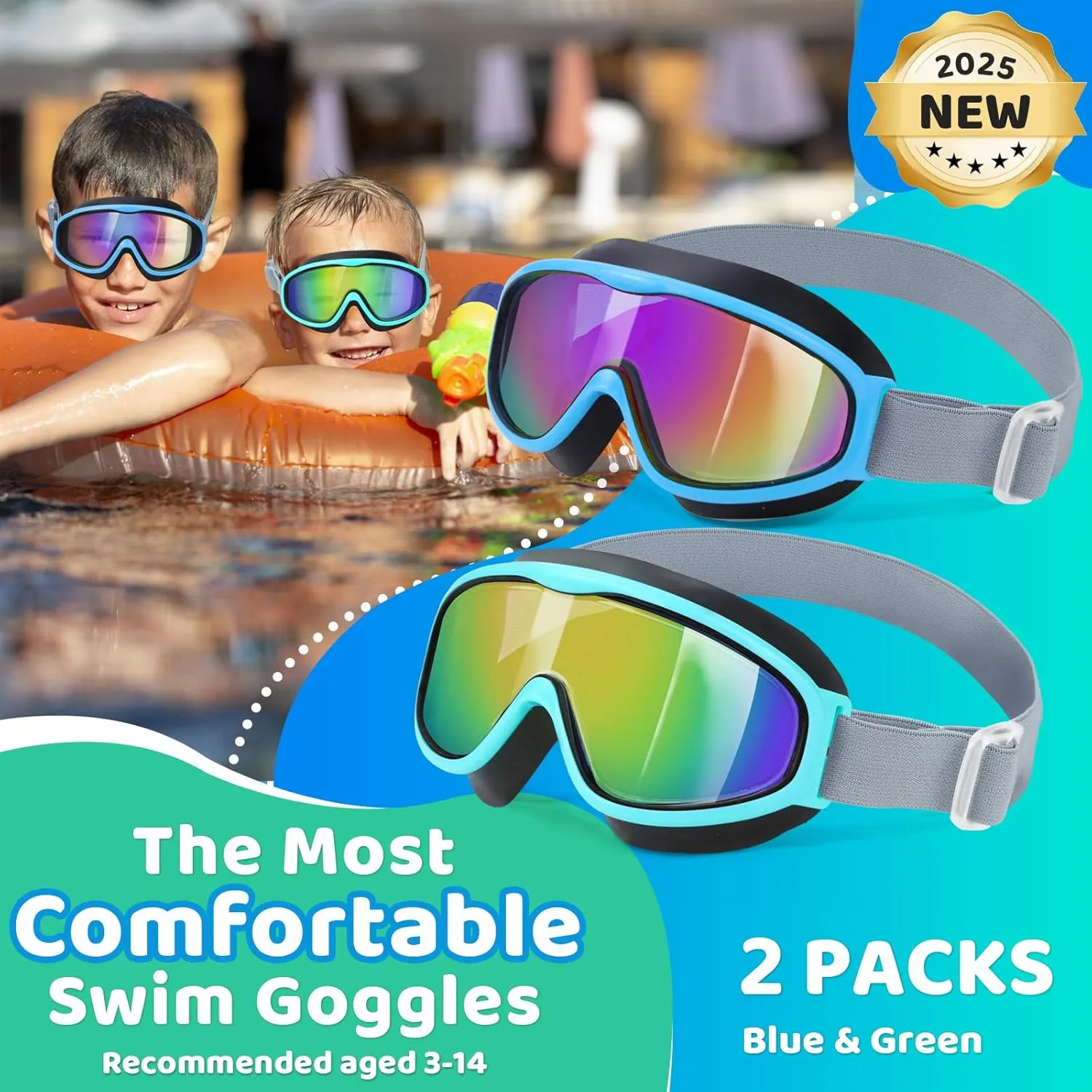 Vvinca Kids Goggles with Comfort Fabric Strap, Kids Swim Goggles Wide View Anti-Fog/UV No Leaking Swimming Goggles for 3-14
