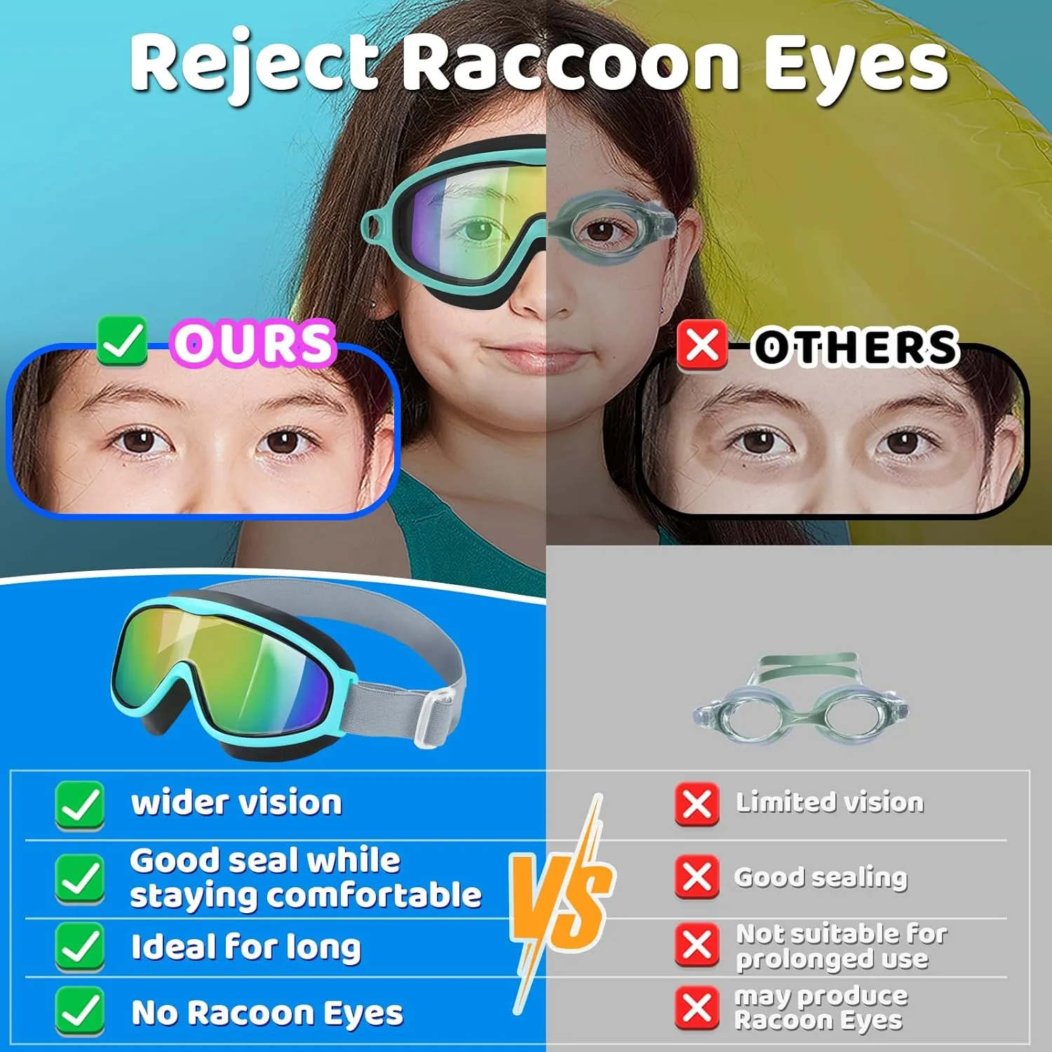 Vvinca Kids Goggles with Comfort Fabric Strap, Kids Swim Goggles Wide View Anti-Fog/UV No Leaking Swimming Goggles for 3-14