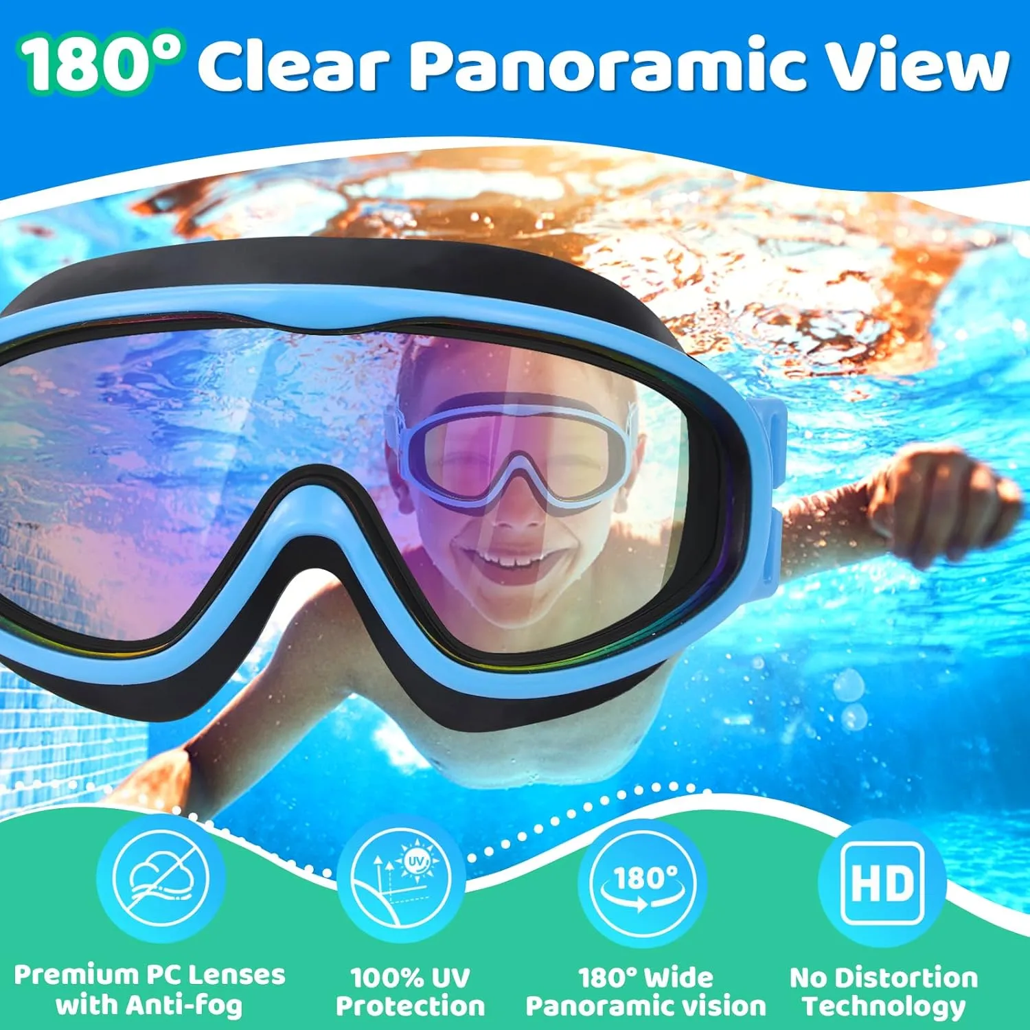 Vvinca Kids Goggles with Comfort Fabric Strap, Kids Swim Goggles Wide View Anti-Fog/UV No Leaking Swimming Goggles for 3-14