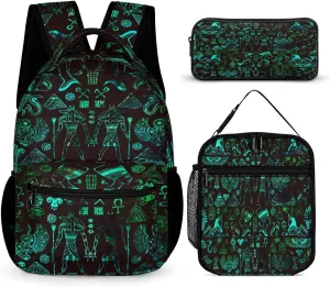 Watercolor Egyptian Mythological Hieroglyphs Bags Set Backpack For Work Hiking Lunch Bag Travel Unisex Bags