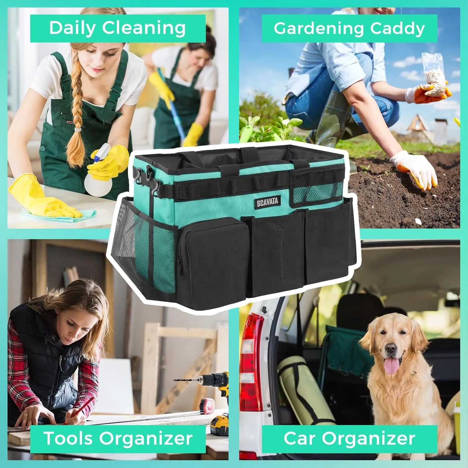 Wearable Cleaning Caddy Bag, Cleaning Caddy Supplies Organizer with Handle & Shoulder Straps for Housekeepers, Under Sink & Car Cleaning Tool Organizers with 4 Foldable Divider (Lake Blue)