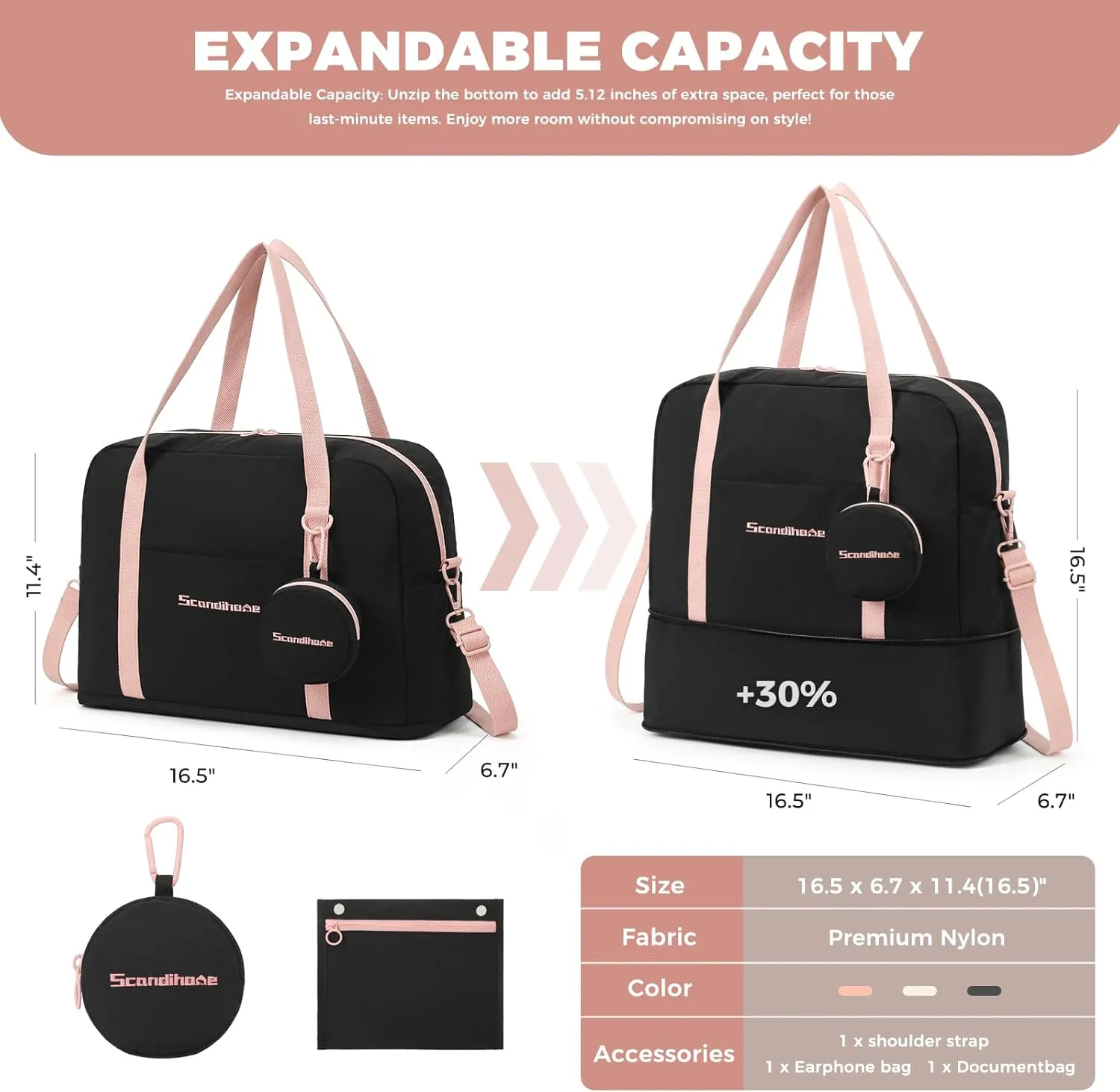 Weekender Bag for Women, Waterproof Travel Duffle Carry On Tote Bags for Girls Personal Item Overnight Luggage with Trolley Sleeve (Black)
