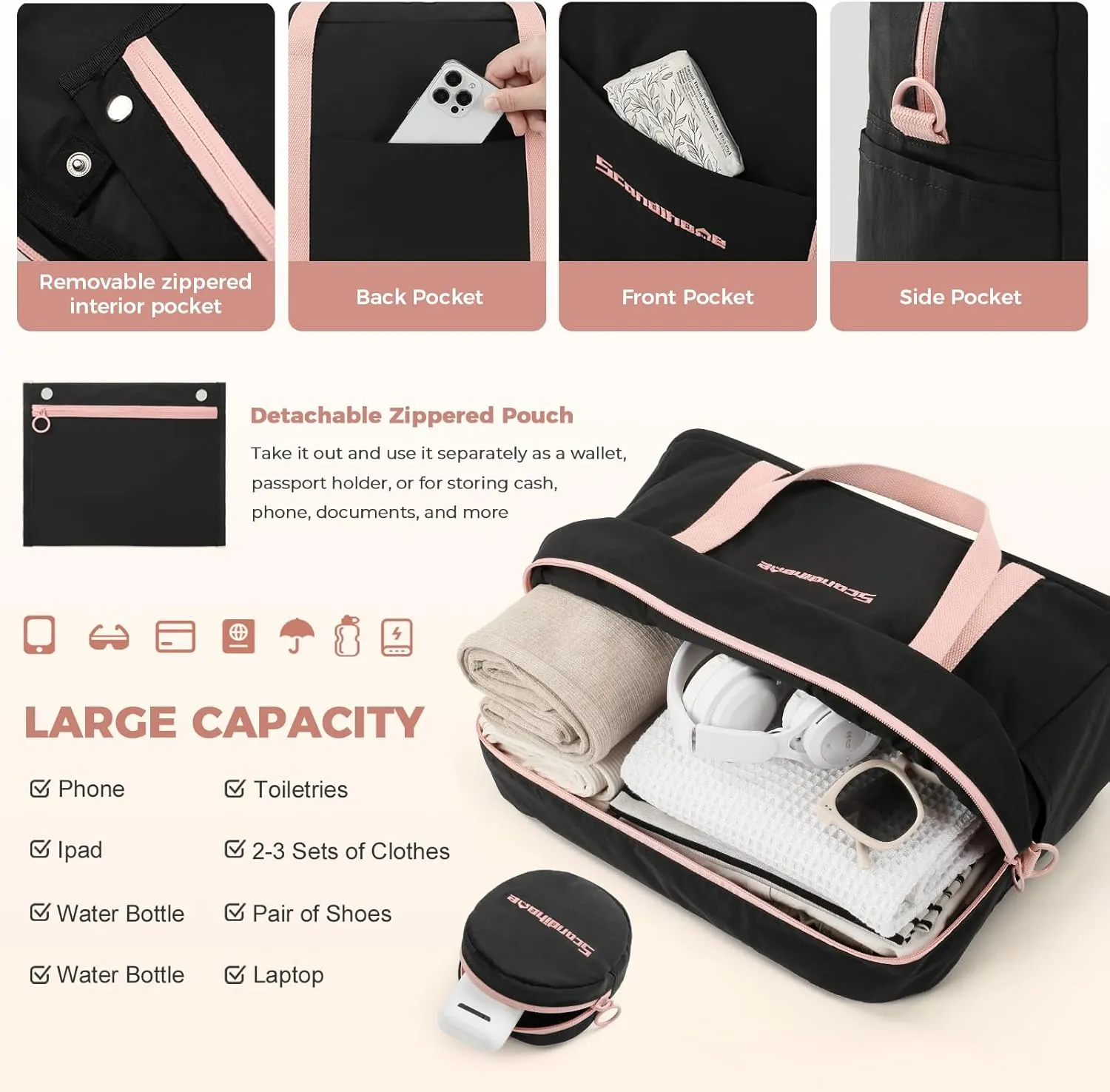 Weekender Bag for Women, Waterproof Travel Duffle Carry On Tote Bags for Girls Personal Item Overnight Luggage with Trolley Sleeve (Black)
