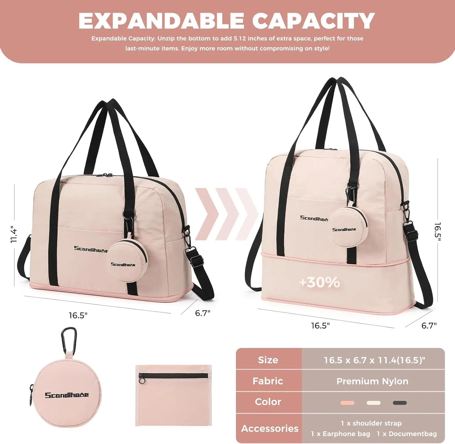 Weekender Bag for Women, Waterproof Travel Duffle Carry On Tote Bags for Girls Personal Item Overnight Luggage with Trolley Sleeve (Pink)