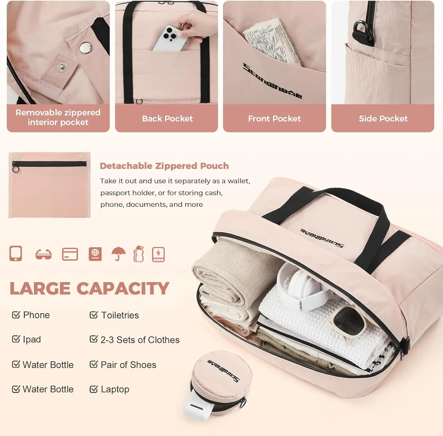 Weekender Bag for Women, Waterproof Travel Duffle Carry On Tote Bags for Girls Personal Item Overnight Luggage with Trolley Sleeve (Pink)