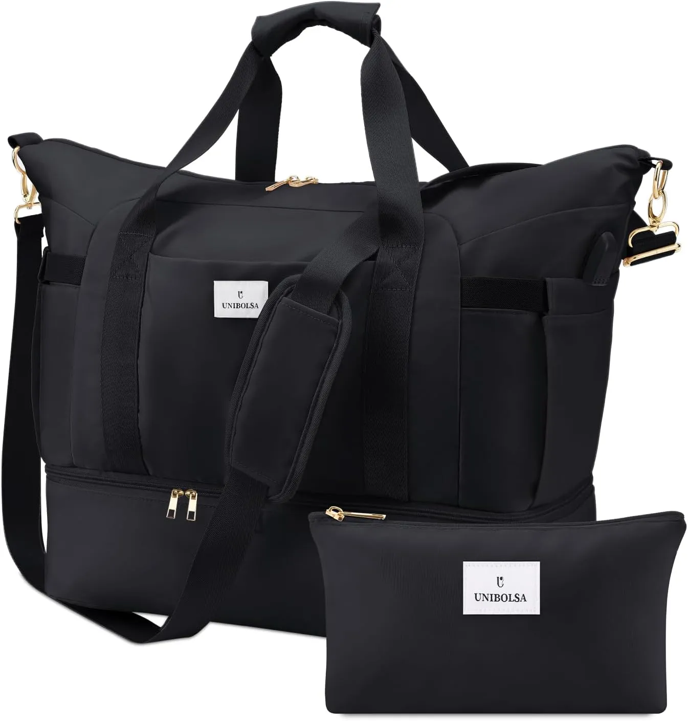 Weekender Bags for Women, Large Travel Duffel Bags with Shoe Compartment and USB Charging Port, Carry on Overnight Bag with Toiletry Bag for Gym, Maternity, Sports, Business Trip - Black