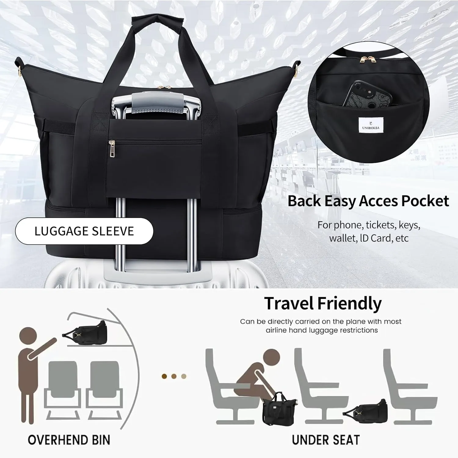 Weekender Bags for Women, Large Travel Duffel Bags with Shoe Compartment and USB Charging Port, Carry on Overnight Bag with Toiletry Bag for Gym, Maternity, Sports, Business Trip - Black