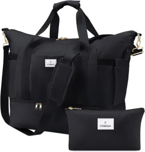Weekender Bags for Women, Large Travel Duffel Bags with Shoe Compartment and USB Charging Port, Carry on Overnight Bag with Toiletry Bag for Gym, Maternity, Sports, Business Trip - Black