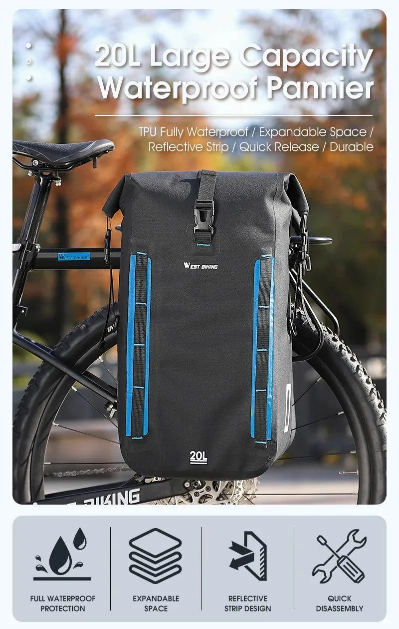 WEST BIKING Expandable Fully Waterproof TPU Bicycle Bag Foldable 15-20L Pannier Bike Rear Carrier Bag MTB Accessories Hand Bags