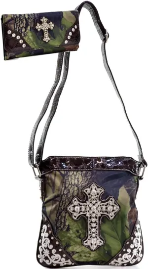 Western Cross Body Messenger Bag Bling Rhinestone Buckle Accent With Matching Wallet
