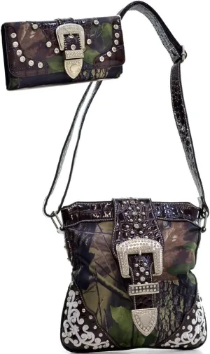 Western Rhinestone Cross Body Messenger Bag Matching Wallet