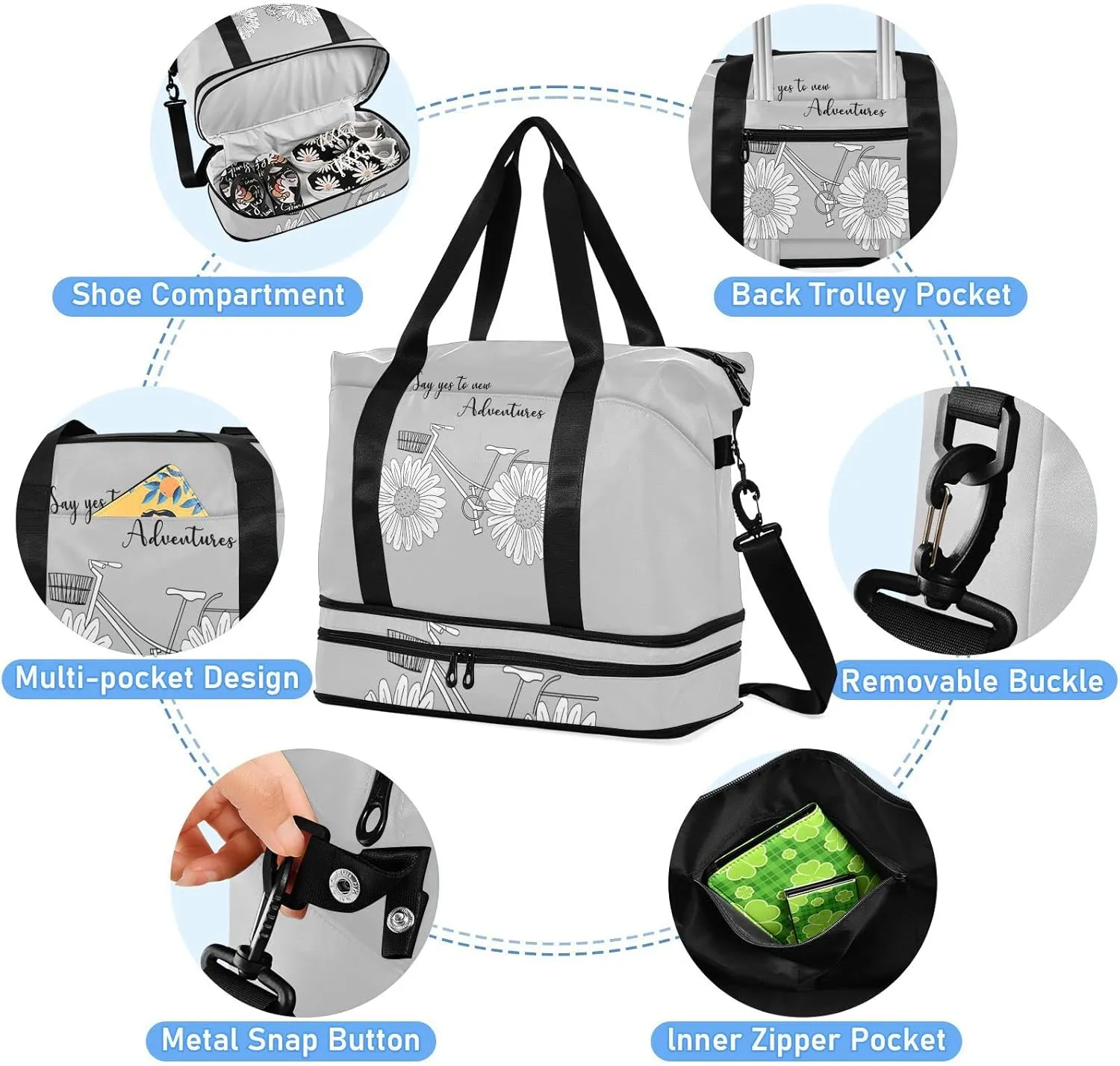 White Daisy Flower with Quotes Say Yes to New Adventure on Grey Gym Duffel Bag, Polyester Travel Weekender Luggage Handbag with Waterproof Pocket for Wet Items, Unisex Foldable Tote for Sports