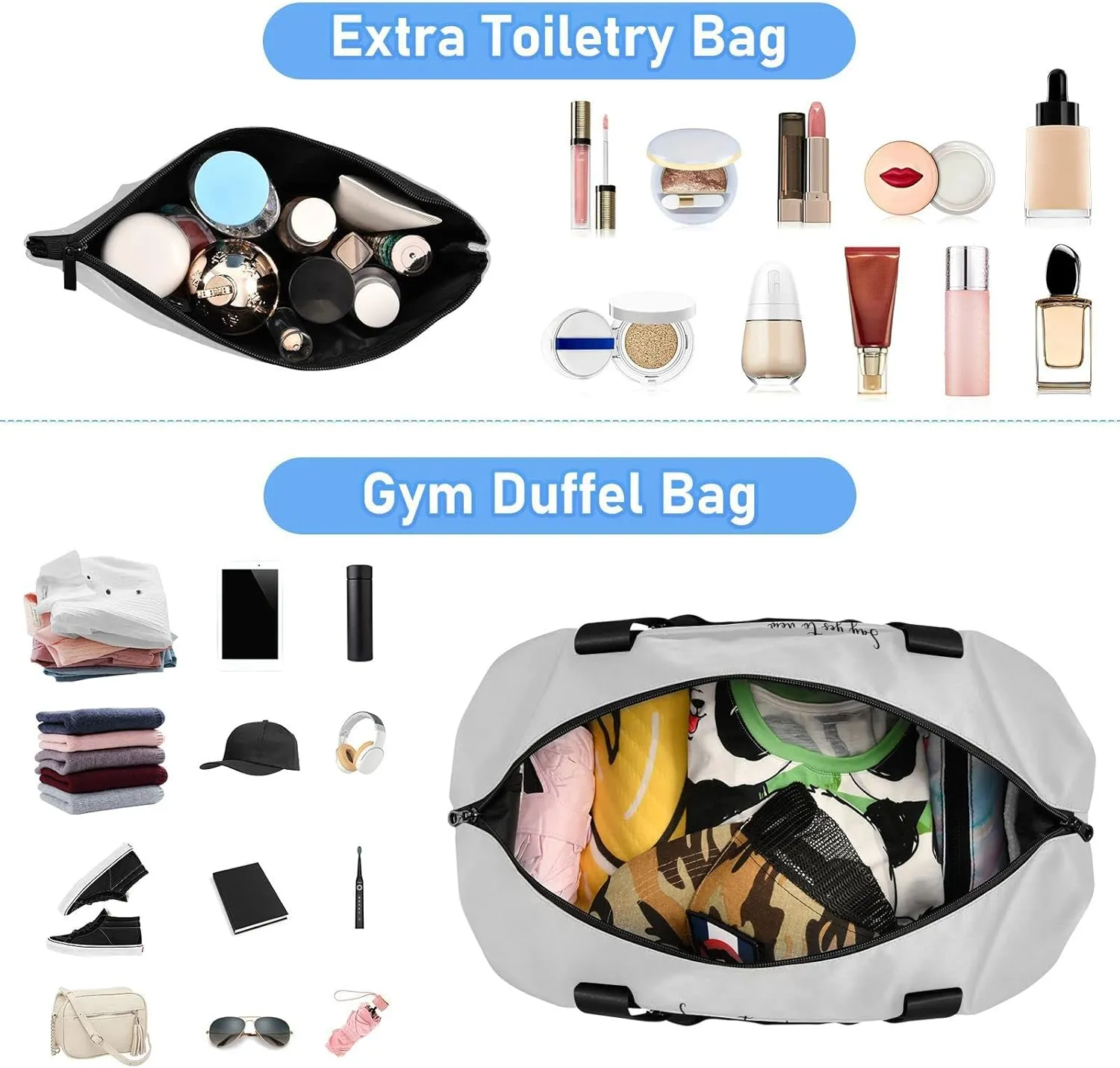 White Daisy Flower with Quotes Say Yes to New Adventure on Grey Gym Duffel Bag, Polyester Travel Weekender Luggage Handbag with Waterproof Pocket for Wet Items, Unisex Foldable Tote for Sports