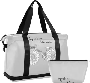 White Daisy Flower with Quotes Say Yes to New Adventure on Grey Gym Duffel Bag, Polyester Travel Weekender Luggage Handbag with Waterproof Pocket for Wet Items, Unisex Foldable Tote for Sports