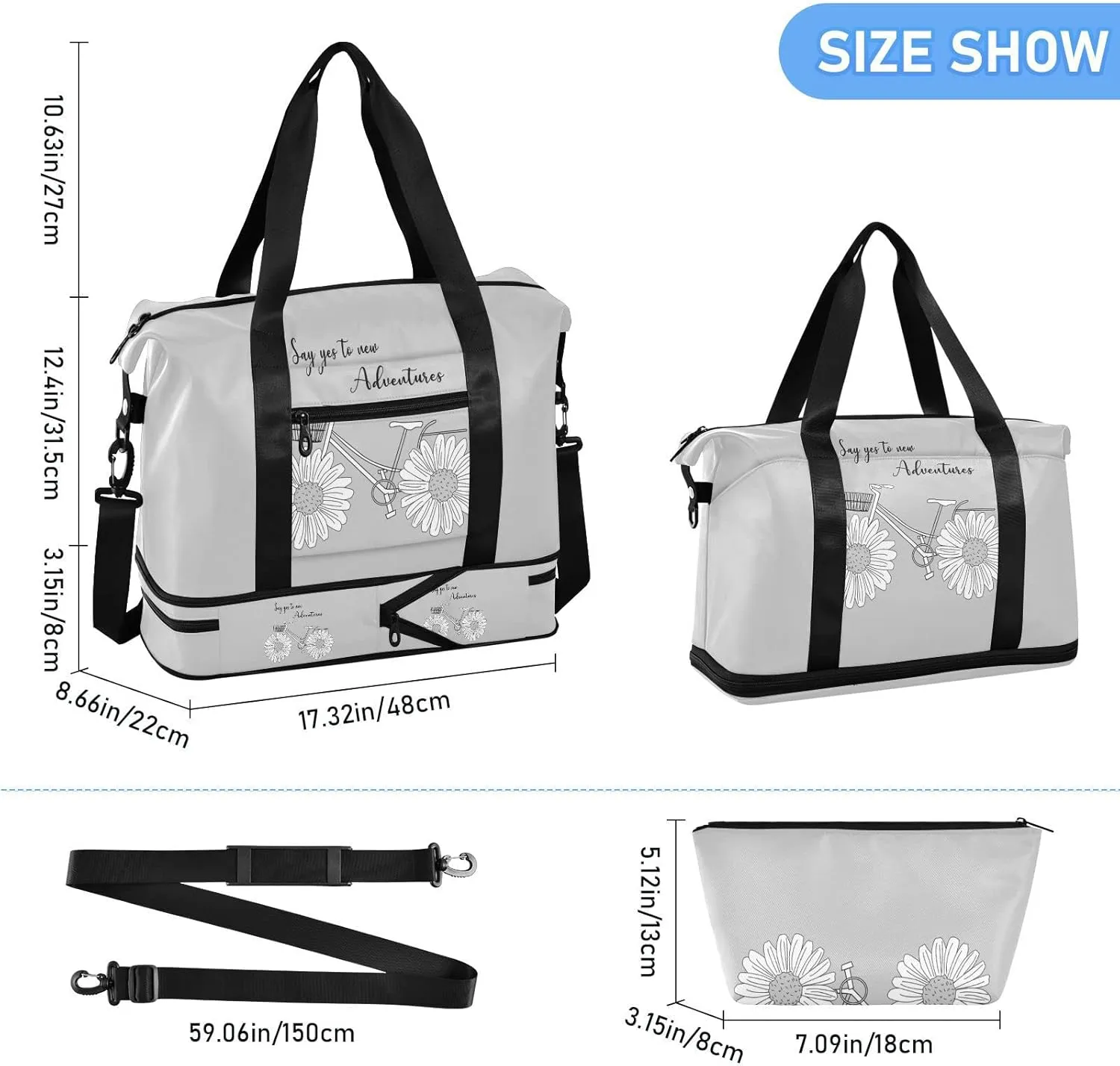 White Daisy Flower with Quotes Say Yes to New Adventure on Grey Gym Duffel Bag, Polyester Travel Weekender Luggage Handbag with Waterproof Pocket for Wet Items, Unisex Foldable Tote for Sports