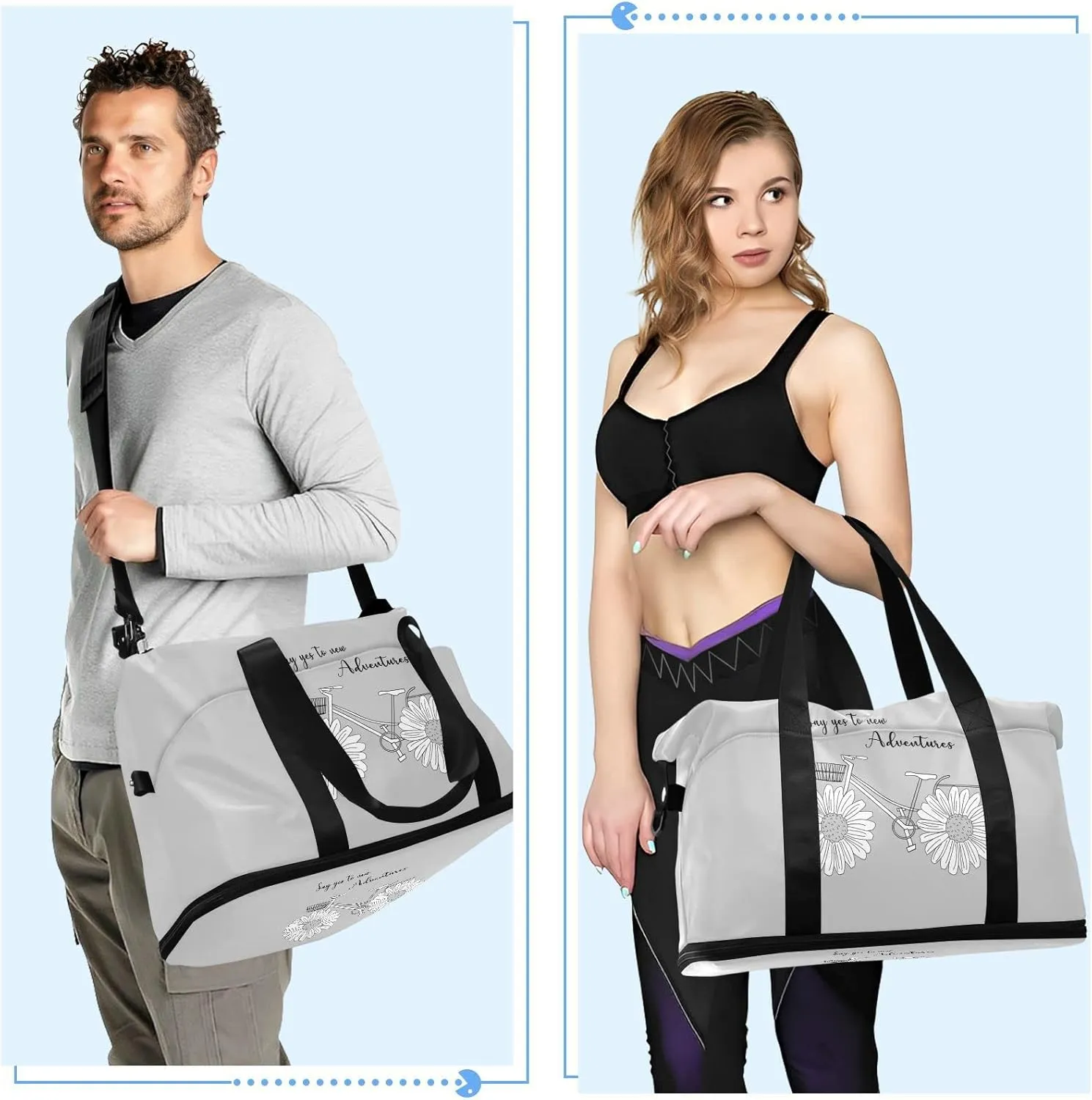 White Daisy Flower with Quotes Say Yes to New Adventure on Grey Gym Duffel Bag, Polyester Travel Weekender Luggage Handbag with Waterproof Pocket for Wet Items, Unisex Foldable Tote for Sports