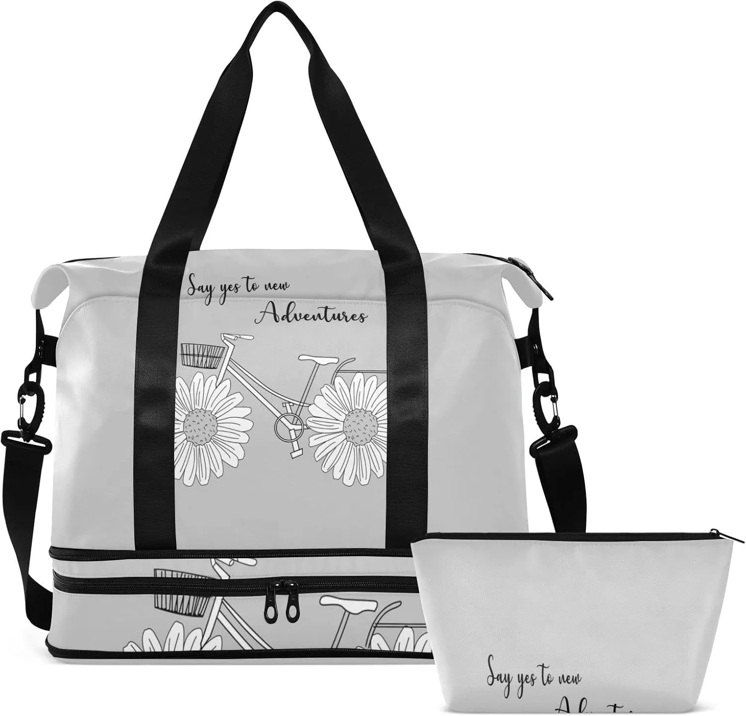 White Daisy Flower with Quotes Say Yes to New Adventure on Grey Gym Duffel Bag, Polyester Travel Weekender Luggage Handbag with Waterproof Pocket for Wet Items, Unisex Foldable Tote for Sports