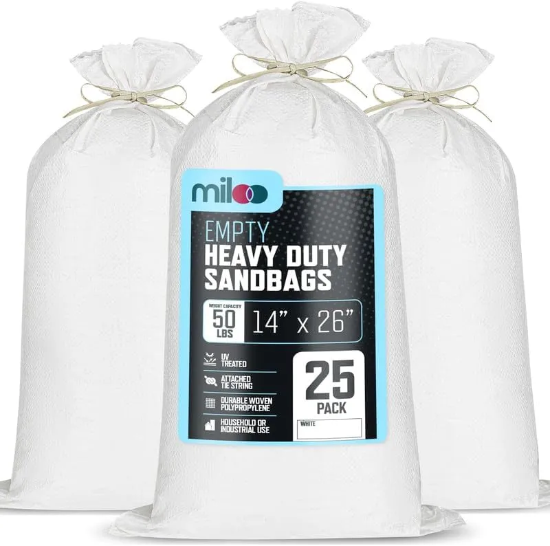 White Sand Bags for Flooding - Empty Sandbags Heavy Duty Outdoor with Tie Strings for Flood Control - 50lb Capacity 1600 Hours of UV Protection Woven Polypropylene Bags - 14 x 26 Inches Pack of 25