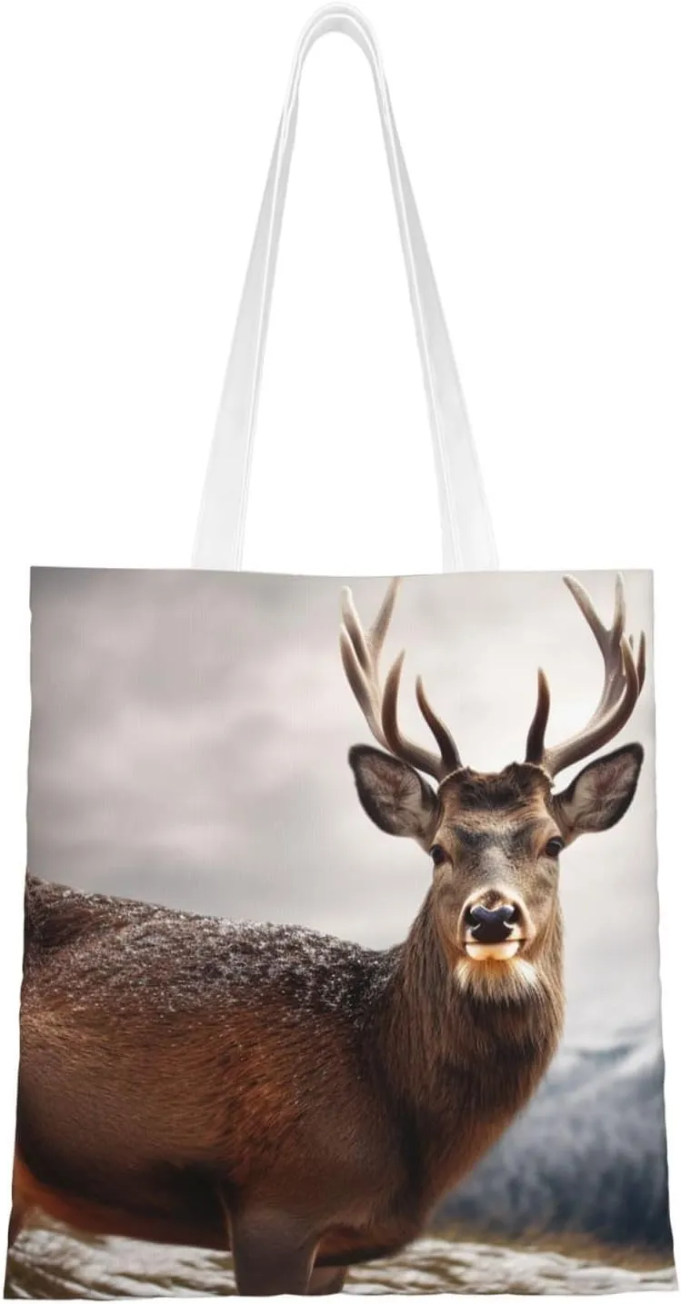 Wild Animals Deer Print Canvas Tote Bags Stylish Shoulder Bag Reusable Shopping Bag Small Handbags For Women Men