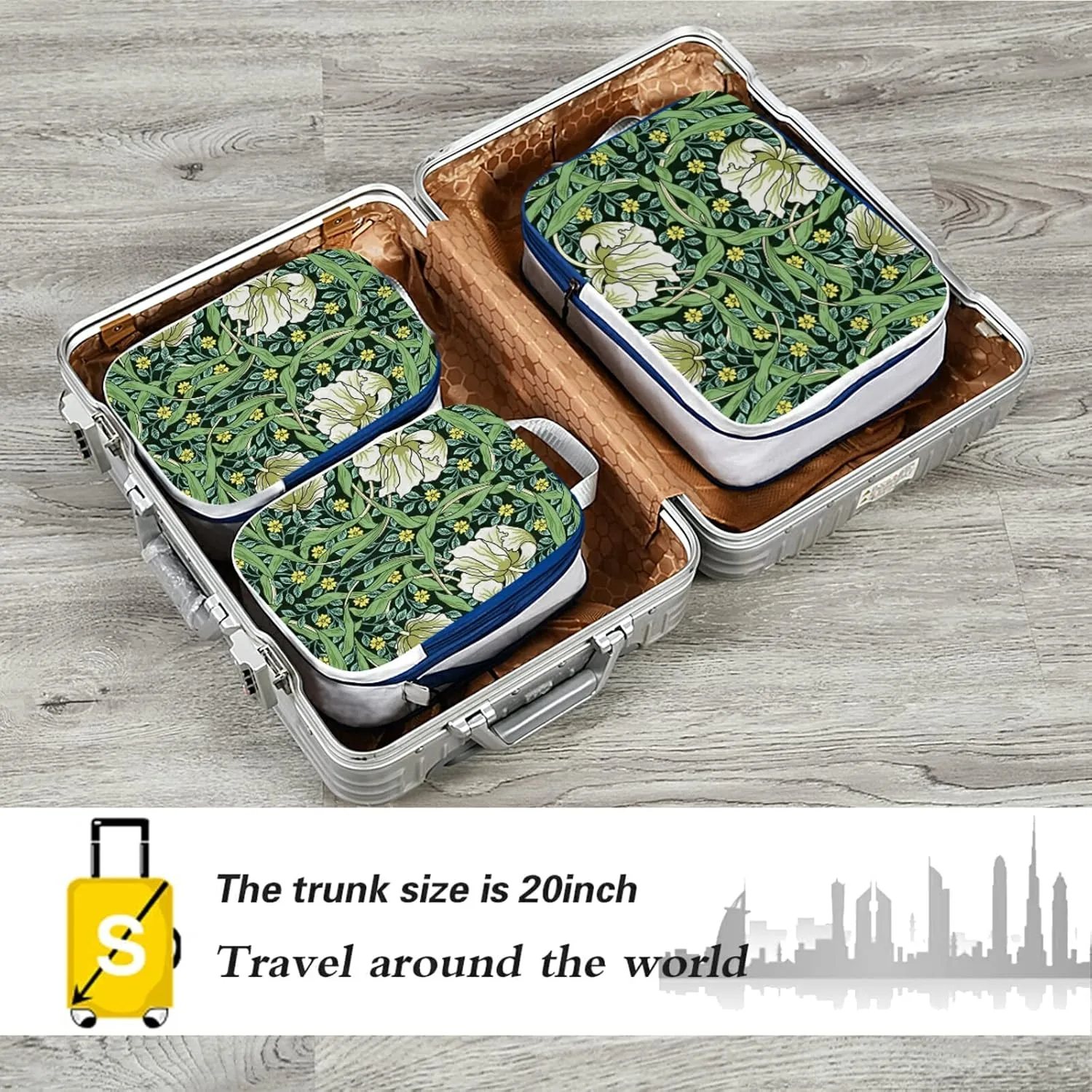 William Morris White Flowers, Yellow Flowers, Green Foliage Leaves 3 Piece set Cubes Expandable Adjustable Luggage Packing Bags, Ultralight Organizer Accessories Travel Suitcase Compressible Bags
