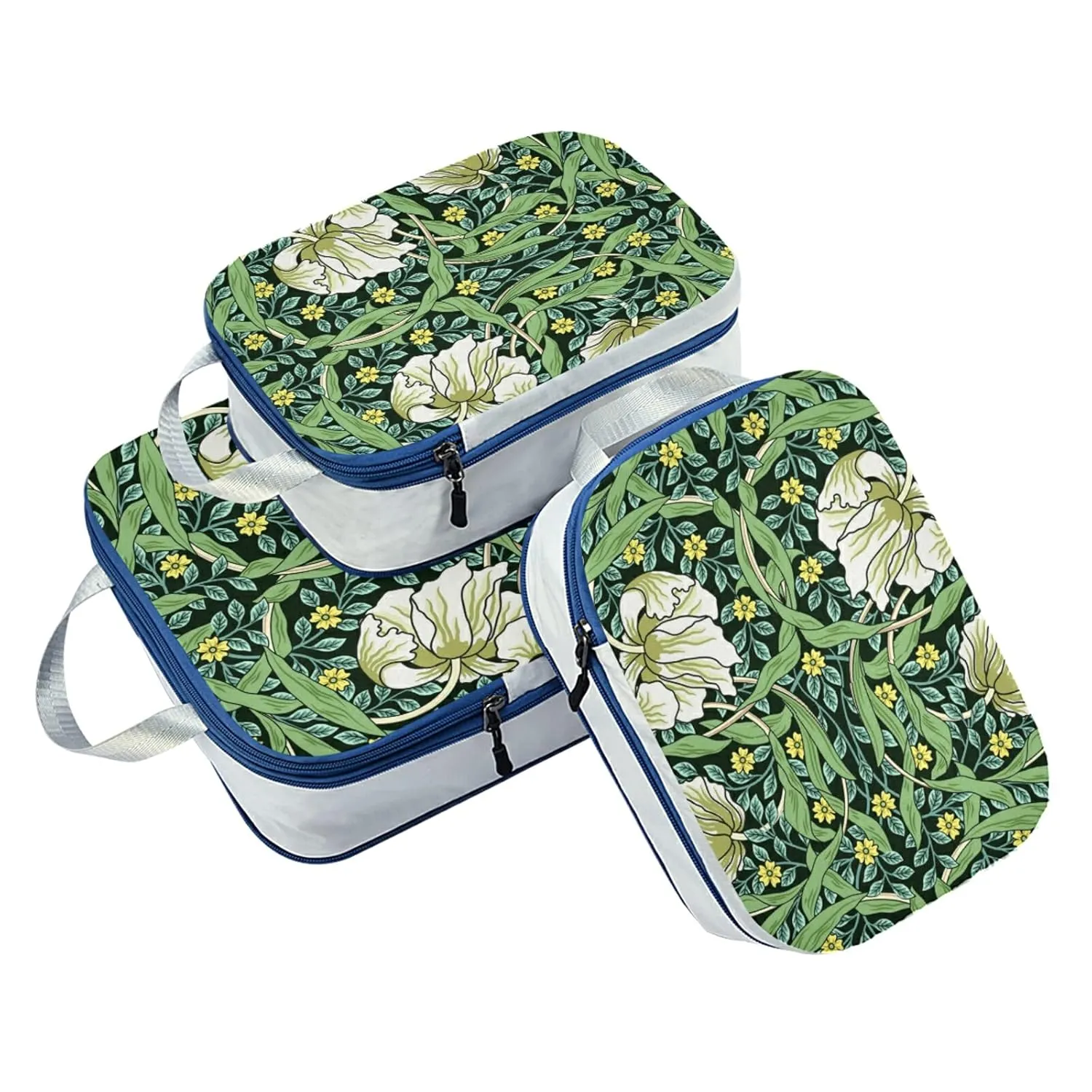 William Morris White Flowers, Yellow Flowers, Green Foliage Leaves 3 Piece set Cubes Expandable Adjustable Luggage Packing Bags, Ultralight Organizer Accessories Travel Suitcase Compressible Bags