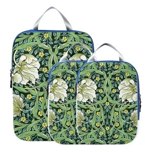 William Morris White Flowers, Yellow Flowers, Green Foliage Leaves 3 Piece set Cubes Expandable Adjustable Luggage Packing Bags, Ultralight Organizer Accessories Travel Suitcase Compressible Bags
